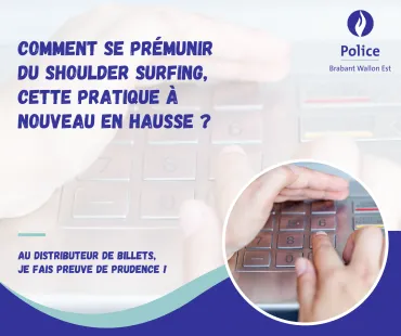 Affiche de prévention contre le "shoulder surfing", montrant une personne protégeant son code au distributeur de billets.