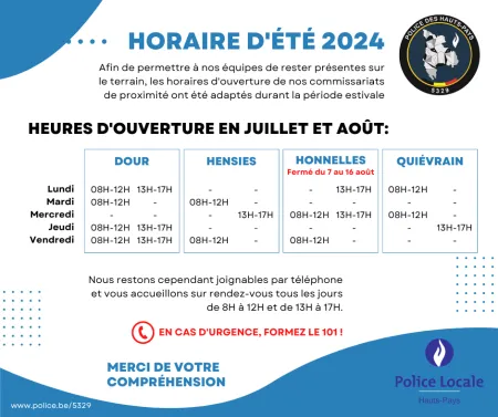 Horaires été 2024