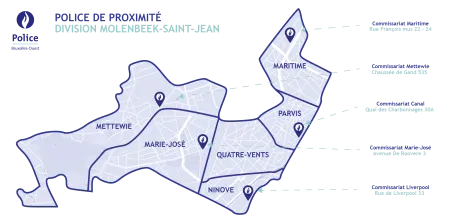 Carte avec les commissariats de la division Molenbeek-Saint-Jean