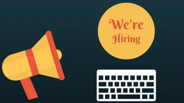 pictogram van luidspreker en toetsenbord met tekst: we are hiring