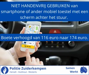 afbeelding van hand met gsm achter het stuur en opschrift