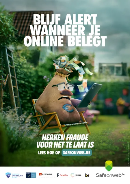 affiche safeonweb - zak geld in een tuinstoel met gsm in de hand