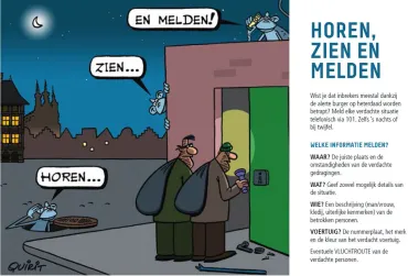 Horen, zien en melden - tekening Quirit in opdracht van dienst maatschapplijke veiligheid provincie Vlaams-Brabant